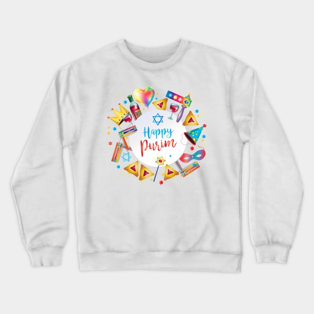 Happy Purim Kids Party Gifts Decoration Jewish Holiday Traditional symbols. Hamantaschen cookies, gragger toy noisemaker, clowns, balloons, masks, stars of David. Carnival. Crewneck Sweatshirt by sofiartmedia